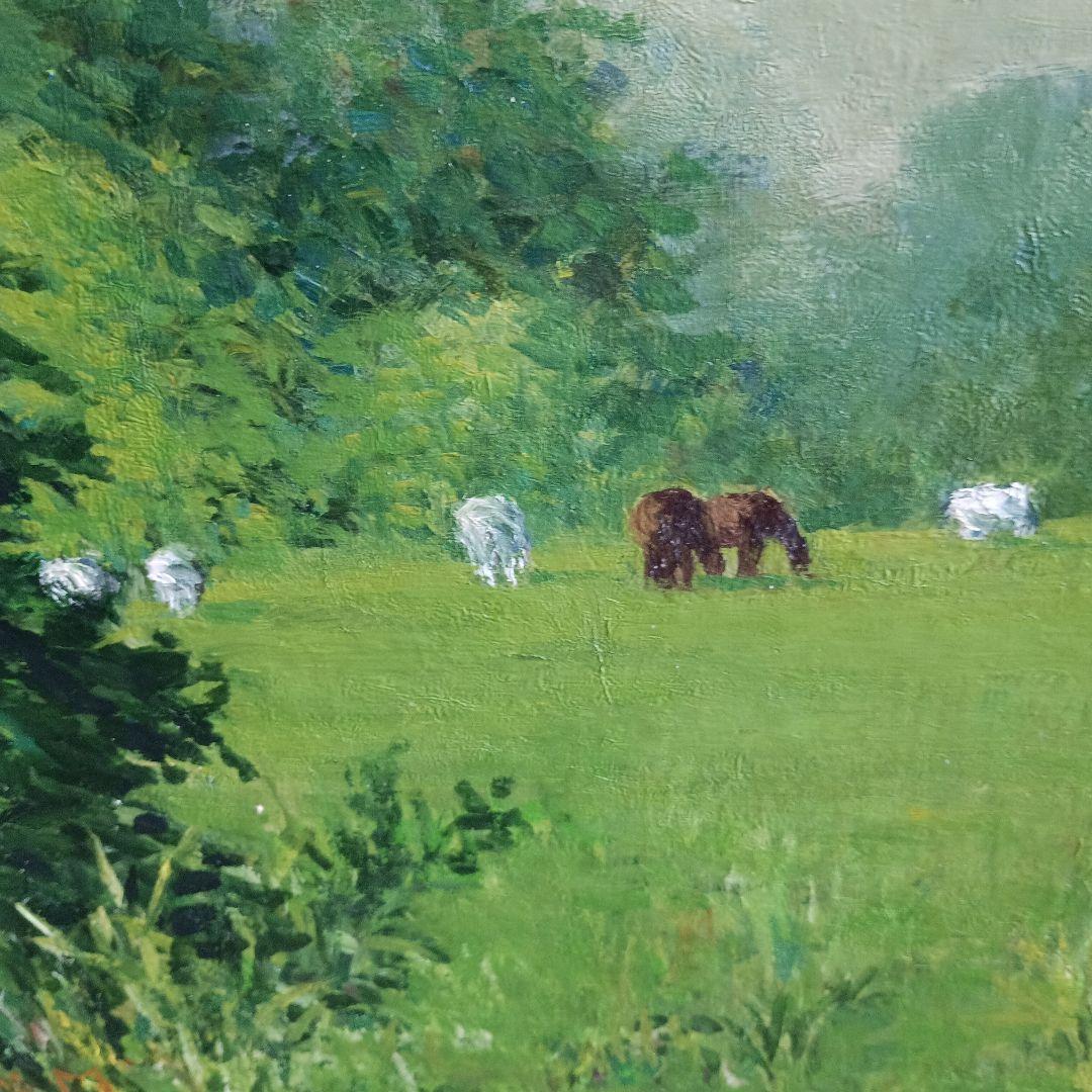 4262）松本竹敏　油絵F１５号「馬牛のいる風景　１９７５年」独立美術協会所属