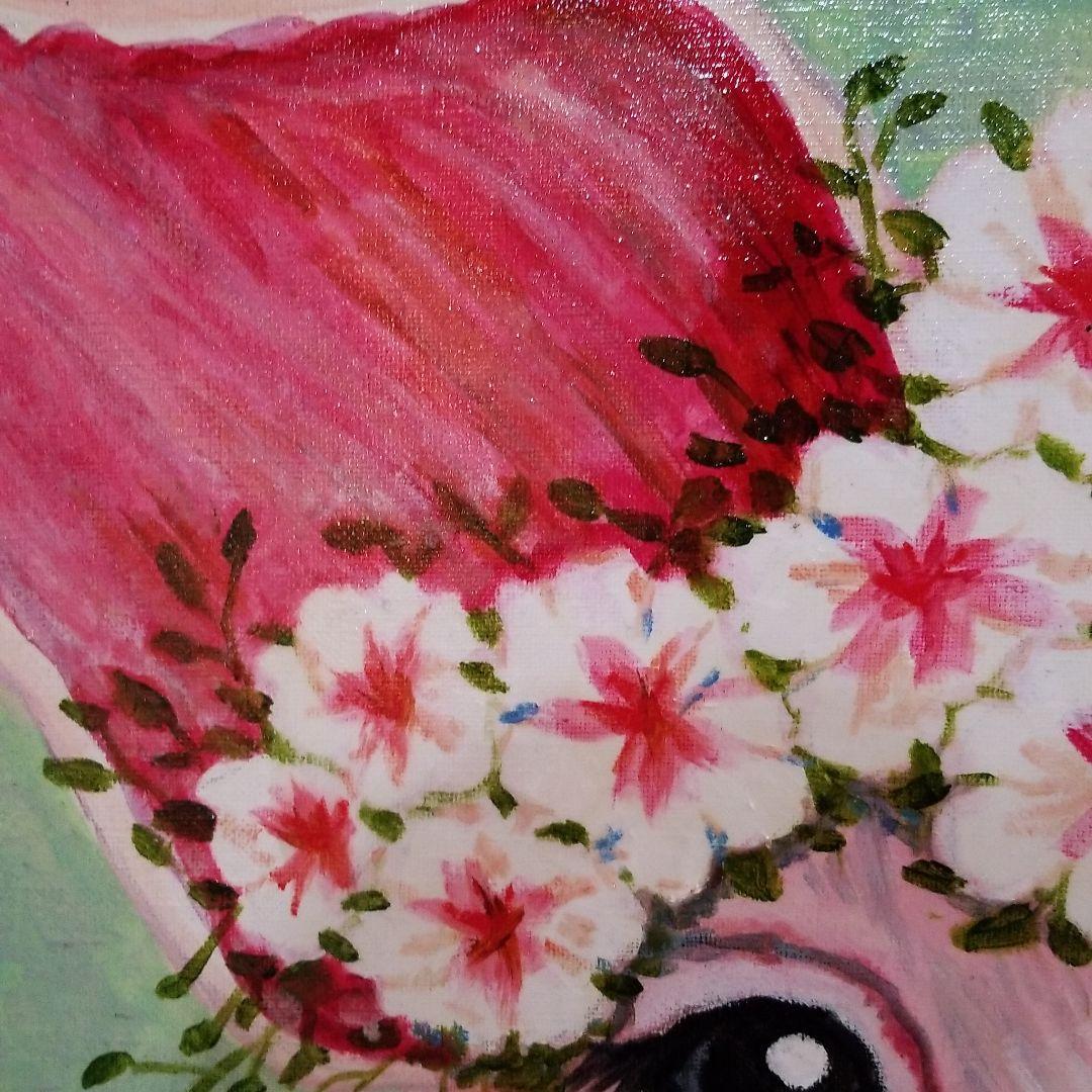油絵　みーちゃん確認　頭に花をのせた豚