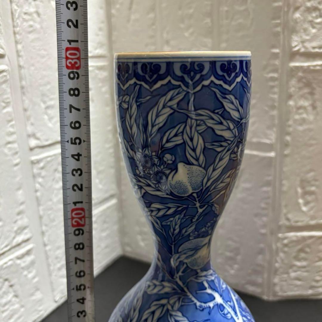 辻常陸 花瓶 染付け 宮内庁御用達 桃 鳩 瓢箪