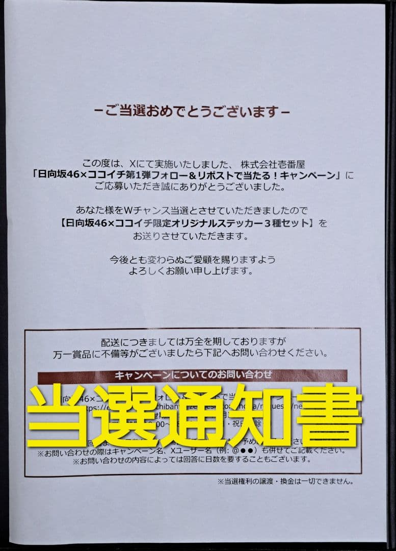 【懸賞当選品】【非売品】日向坂46×CoCo壱限定オリジナルステッカー3枚セット