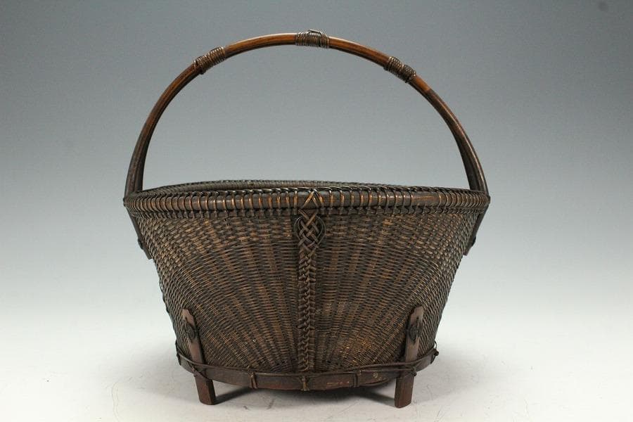 茶道具 唐物 竹網 籠 炭斗 手付 時代物(K-YC464)