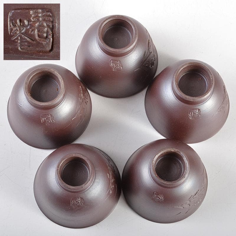 煎茶道具　萬古焼　春峰造　花文　玉露揃　小さな茶器揃　共箱　M　R5313