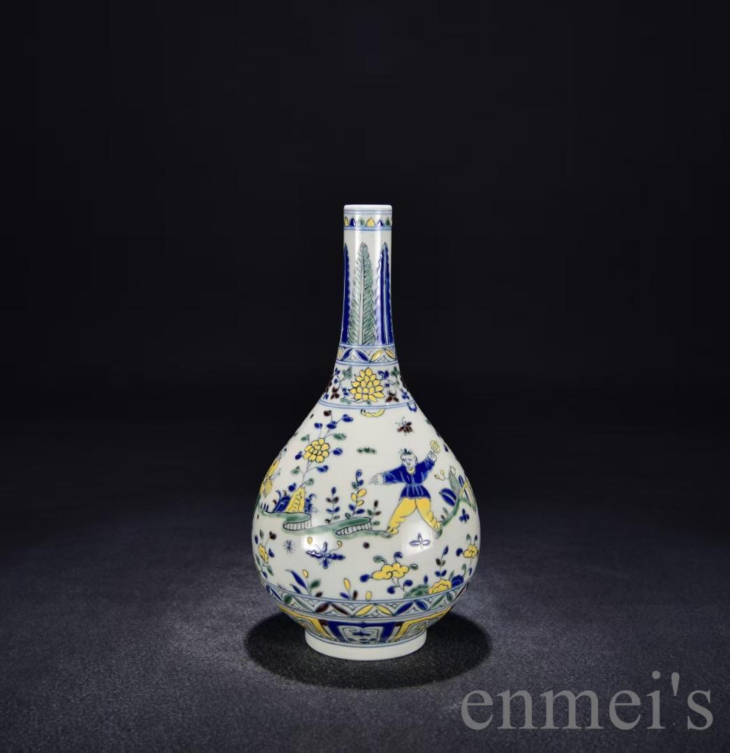 中国古美術・珍品・大明成化紋・闘彩嬰戯図胆瓶・花瓶・唐物・古陶磁器・古玩・古賞物
