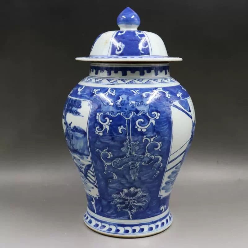 清康熙窓を開けます青花人物将軍缶 景徳鎮 陶磁器 装飾品 現代工芸品美術品 置物