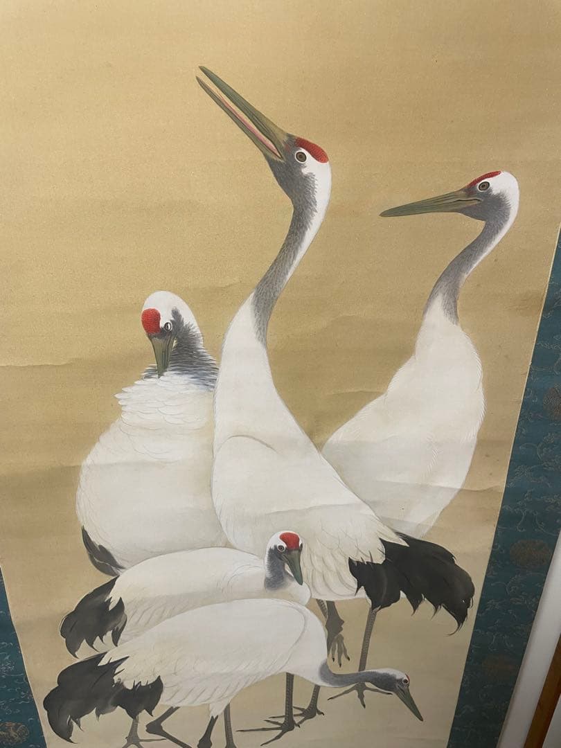 掛軸　松鶴延年図　絹本　手描き　美品　天然軸