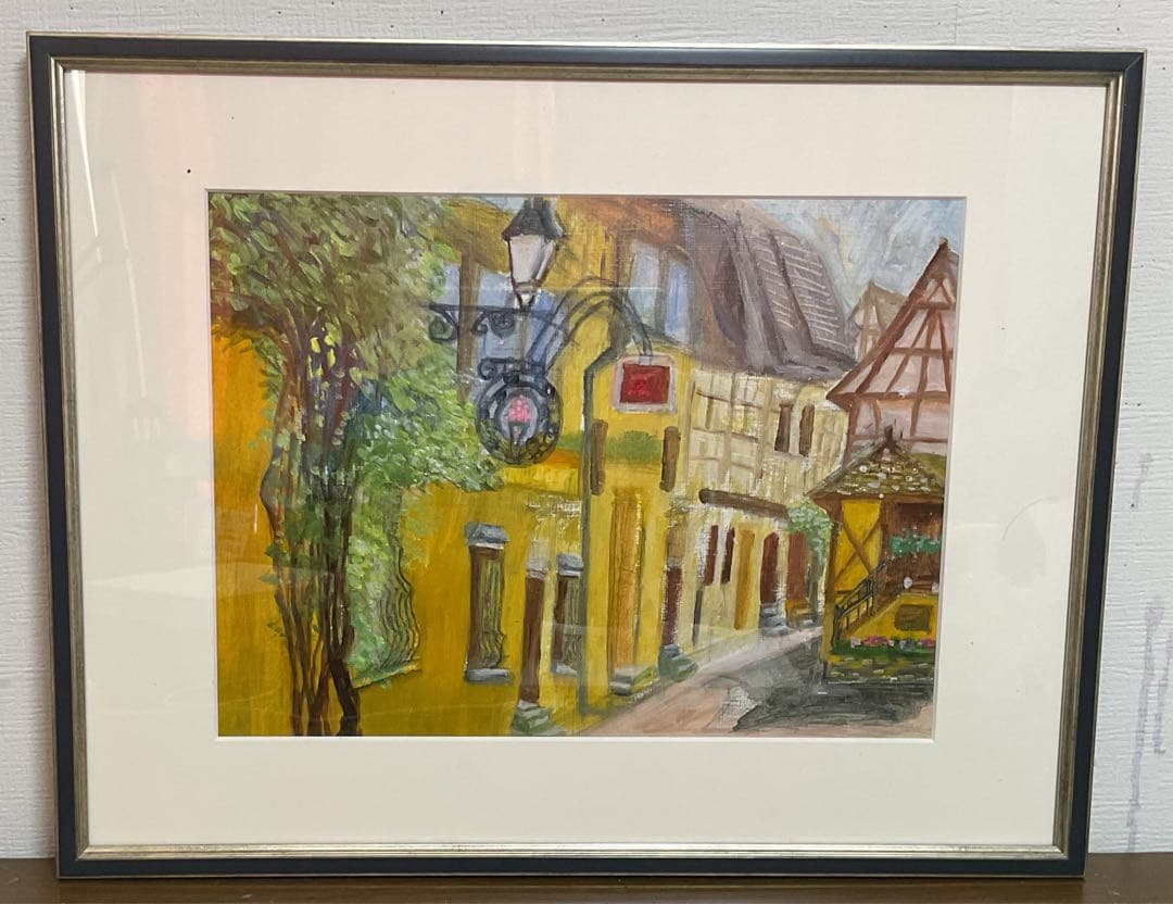 油彩画　「　フランスの街並み　」　額付