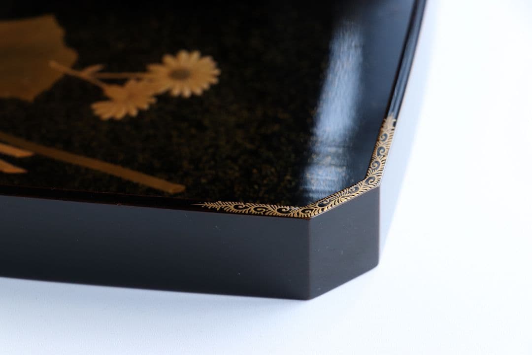 MA6 木製漆器 草花金蒔絵 黒塗 長方盆 大小一組 木箱入 切金 梨地 菊
