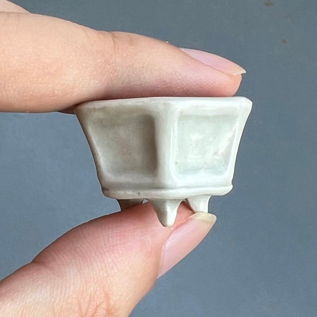 773.夢陶 青釉額入六角豆鉢 盆栽鉢 植木鉢 3*2.8*2.1cm