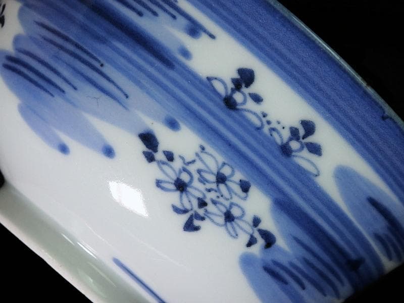 古伊万里　染付　輪線　桜花紋に霞の図　蓋茶碗　E864AS-COh