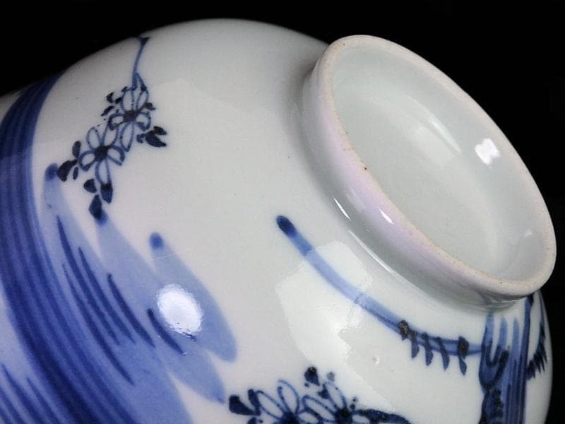 古伊万里　染付　輪線　桜花紋に霞の図　蓋茶碗　E864AS-COh