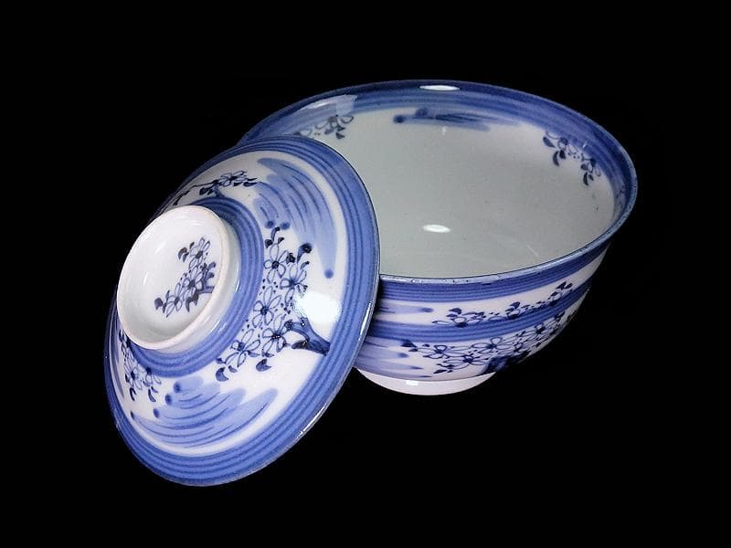 古伊万里　染付　輪線　桜花紋に霞の図　蓋茶碗　E864AS-COh