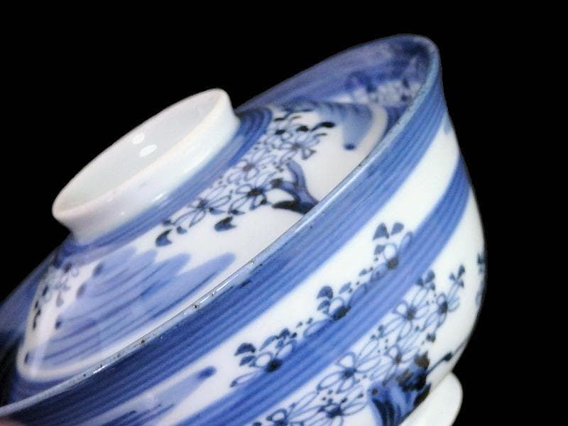 古伊万里　染付　輪線　桜花紋に霞の図　蓋茶碗　E864AS-COh