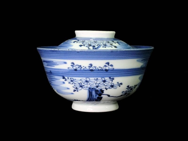 古伊万里　染付　輪線　桜花紋に霞の図　蓋茶碗　E864AS-COh