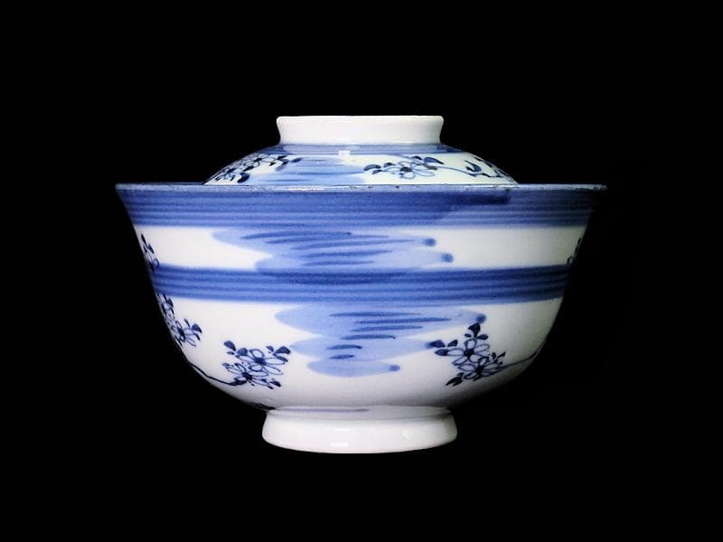 古伊万里　染付　輪線　桜花紋に霞の図　蓋茶碗　E864AS-COh