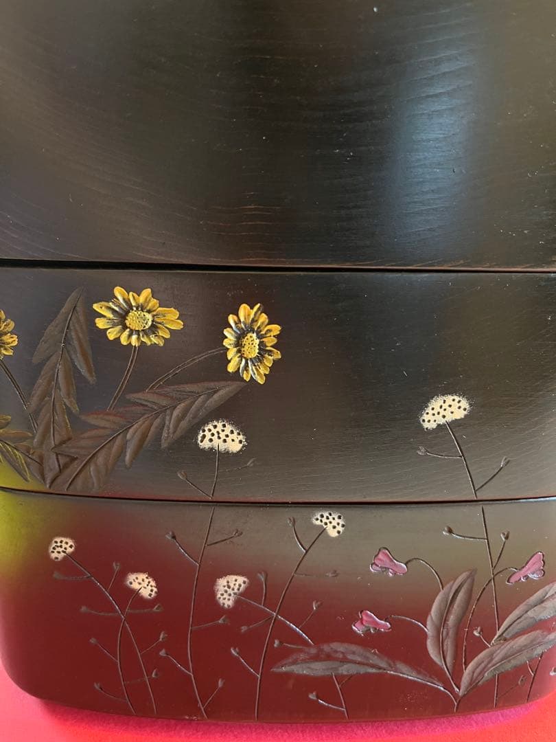 川添日記　重箱　草木彫　漆器