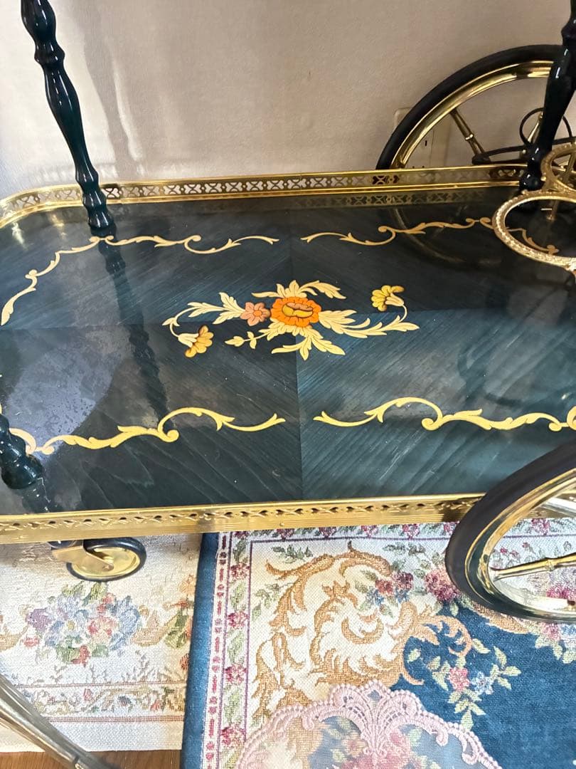 イタリア　象嵌 アンティーク風 サービングカート 黒金