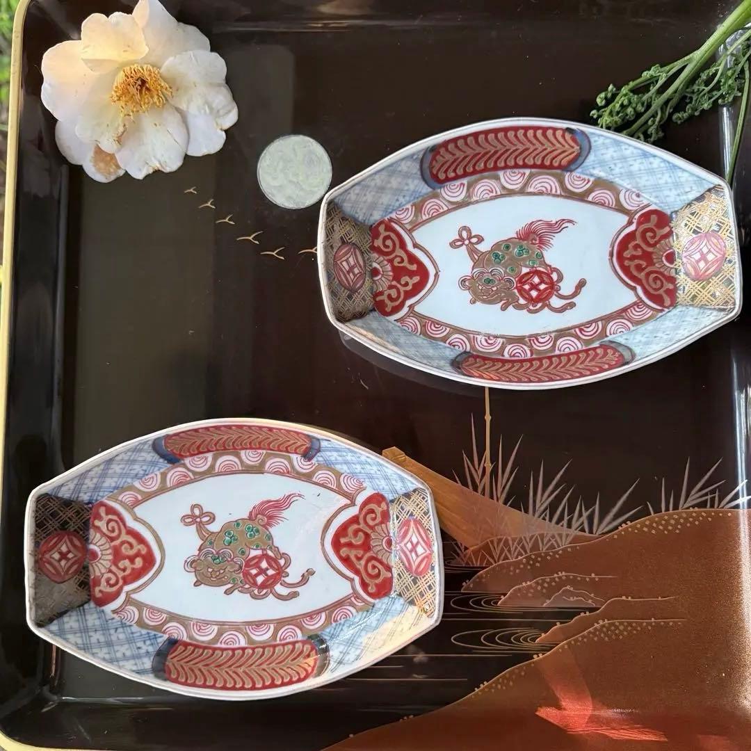 超限定15日20時迄‼️上手伊万里唐獅子牡丹富貴繁栄の舟形膾皿切支丹皿刺身皿 5客