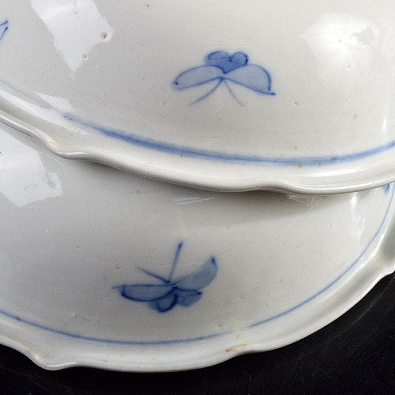 瀬戸焼　古瀬戸　染付　花蝶文　饂飩皿　六客　時代箱付　C　R9353B