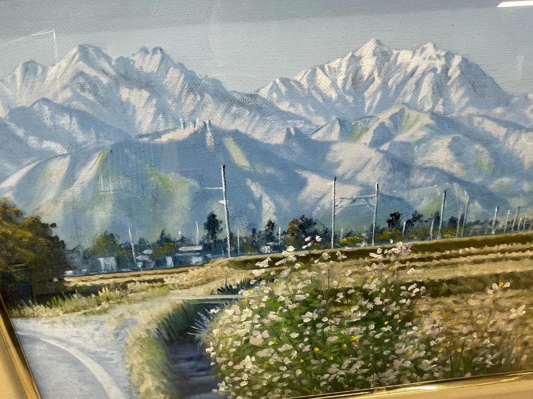 半澤満 油彩画 秋桜と北アルプス サイン在 F4号 額装 油絵 風景画 絵画