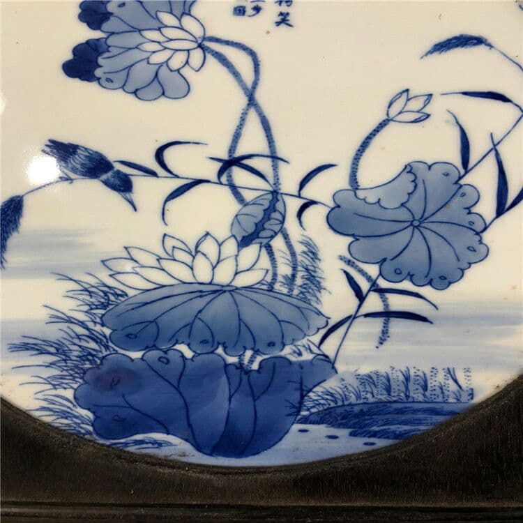 陶磁手描き青花風吹荷笑陶板絵古木枠象眼陶板古典的なインテリアストラップ