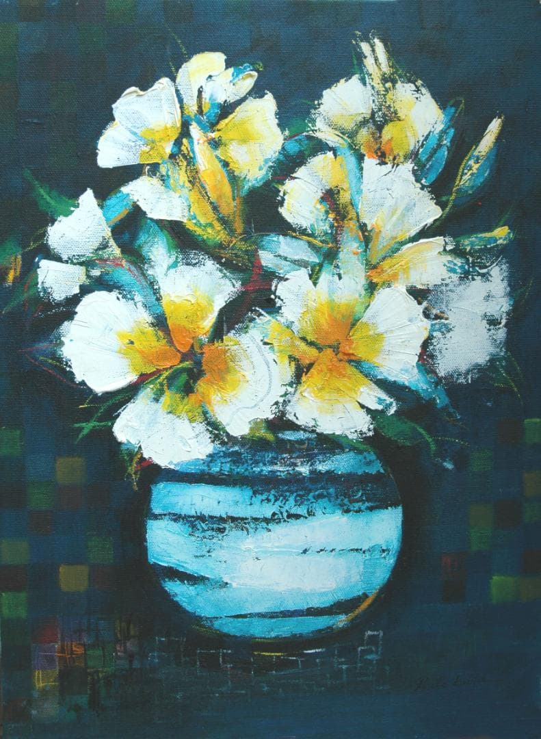 油絵 菅家令子 絵 絵画インテリア 額付(青緑＋金色の枠)uF6-063604花