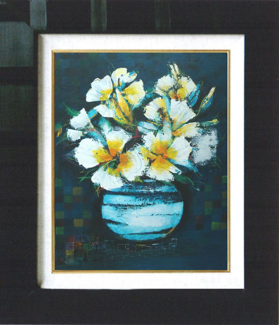 油絵 菅家令子 絵 絵画インテリア 額付(青緑＋金色の枠)uF6-063604花