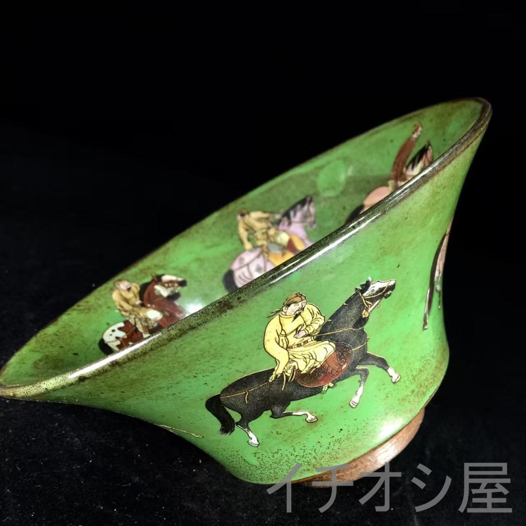 中国古美術 旧蔵收 宋建窯 彩絵馬人图斗笠碗 茶碗 古磁器 茶道具 唐物雅器