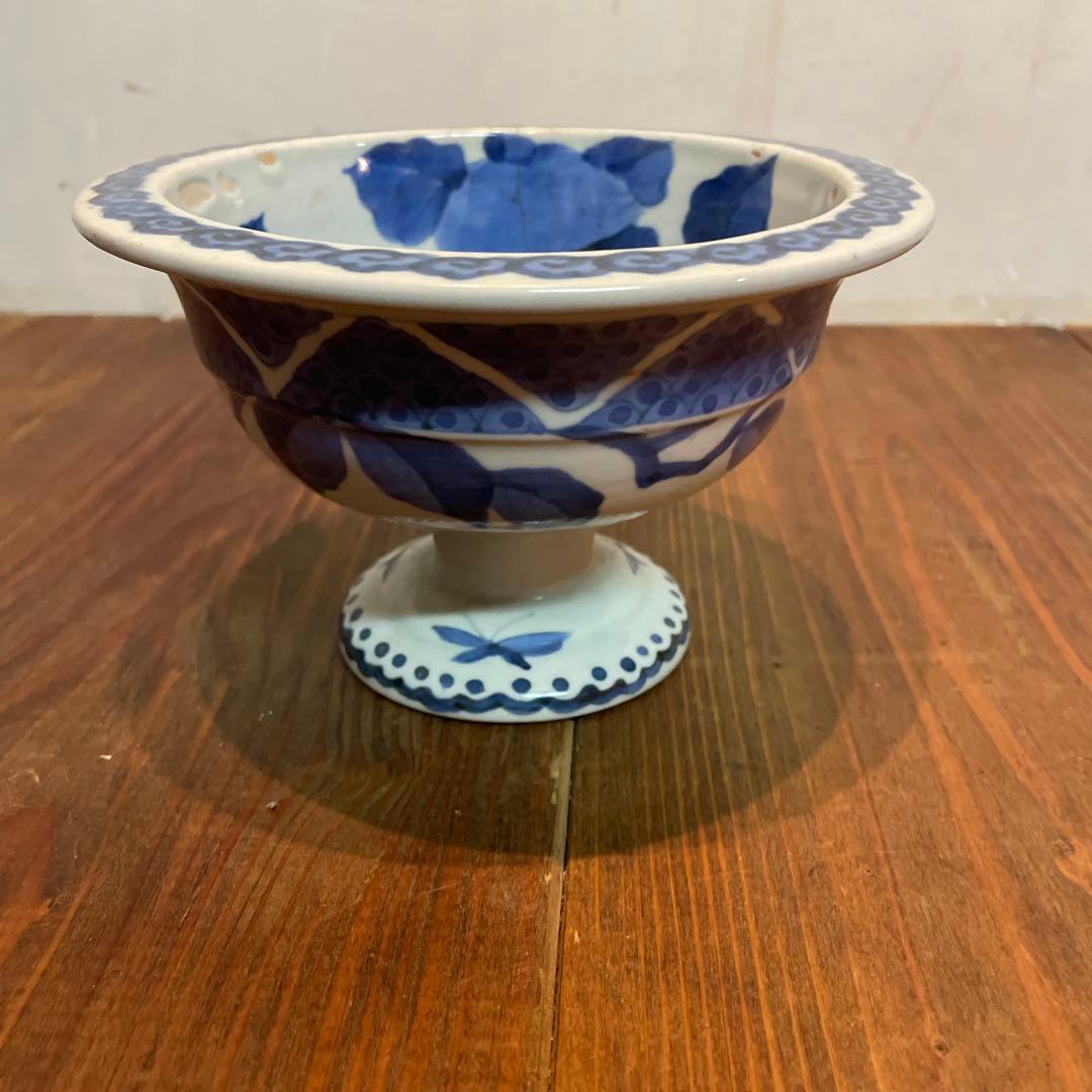 美品　古伊万里　染付の器　江戸時代　肥前　磁器　高杯　金継ぎ　染付の絵柄が上品な
