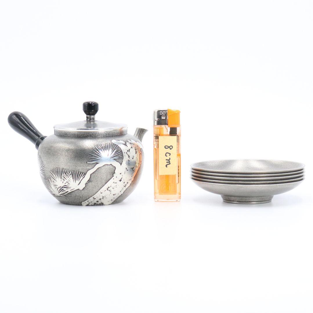 錫半製 茶器 急須 茶托 本錫上錫 歳寒三友図 松竹梅五君子 煎茶道具　M70