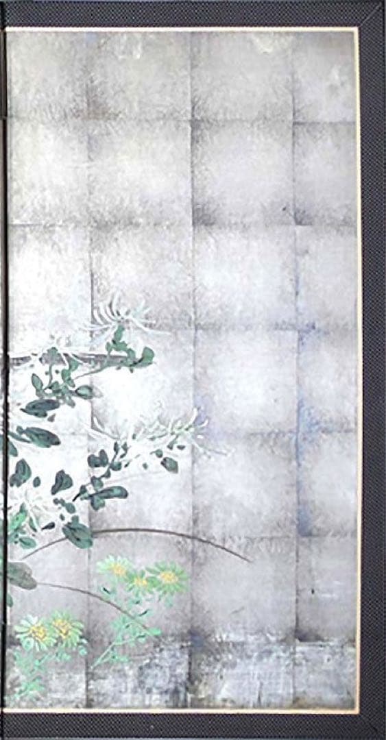 四つ折り屏風　日本画　銀箔彩色　竹垣に菊