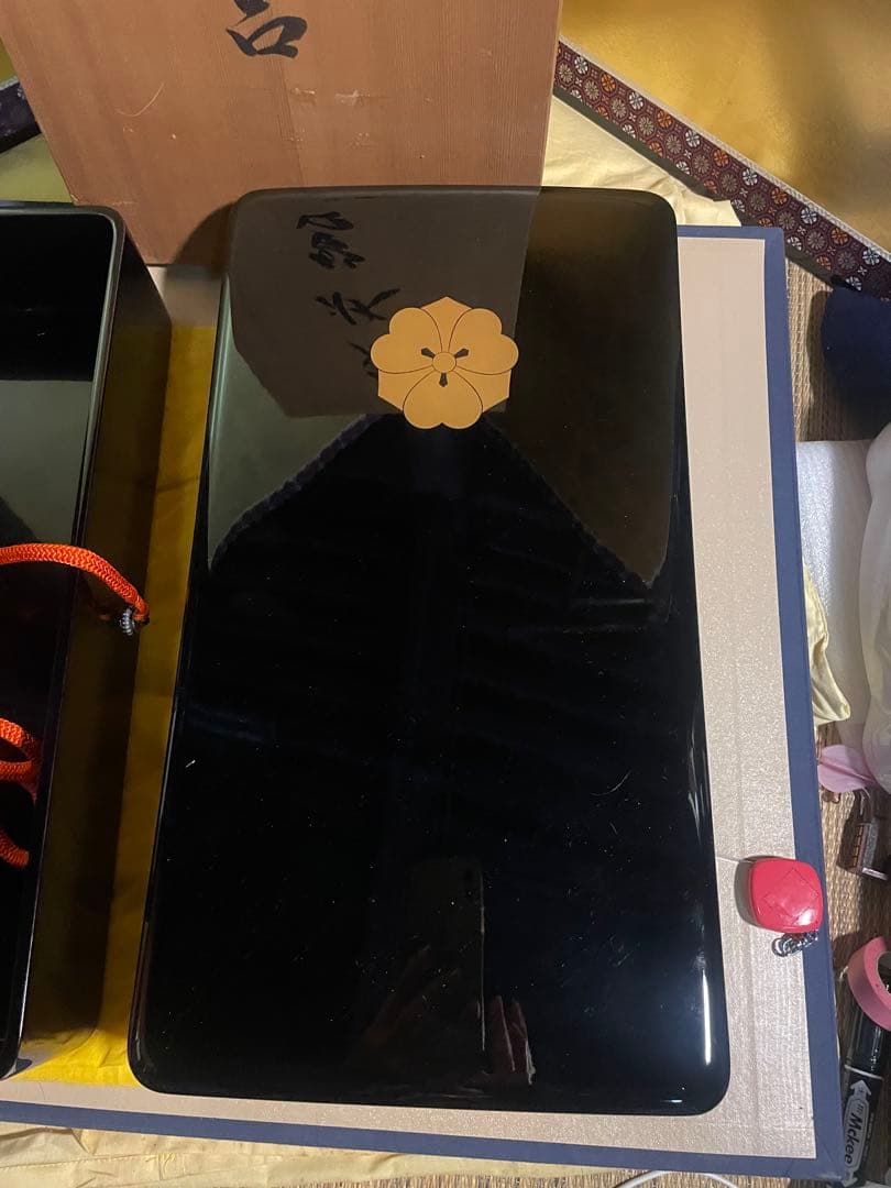 新品　保管品　輪島塗　慶塚漆器工房　定紋蒔絵　免状筥　文庫　共箱　黄色袋付き