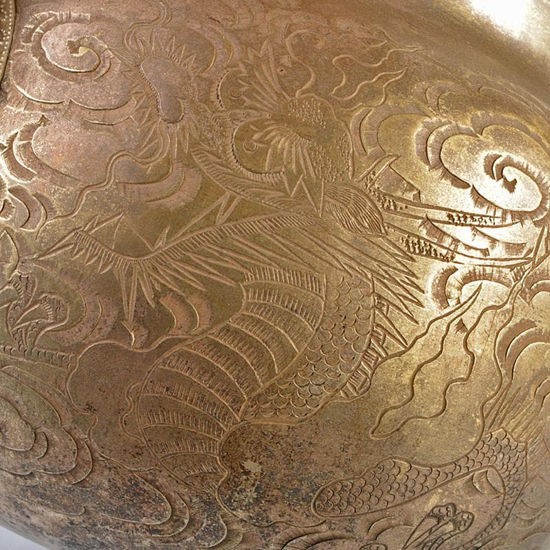煎茶道具　黄銅　いぶし銀　彫金雲龍刻　湯沸し　薬缶　時代箱付　H　R6180B