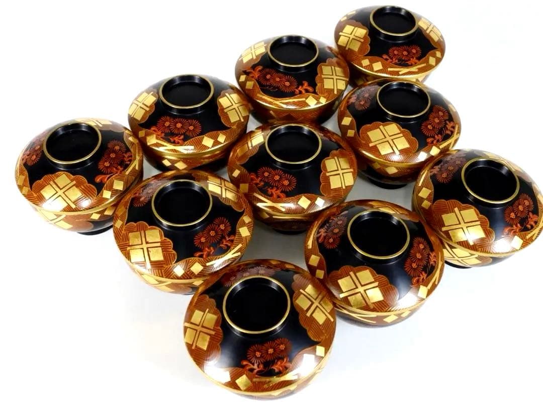 南部漆器 老舗光原社 秀衡塗 木製 金箔色漆　菱に梅文様　蓋碗十客　茶道具