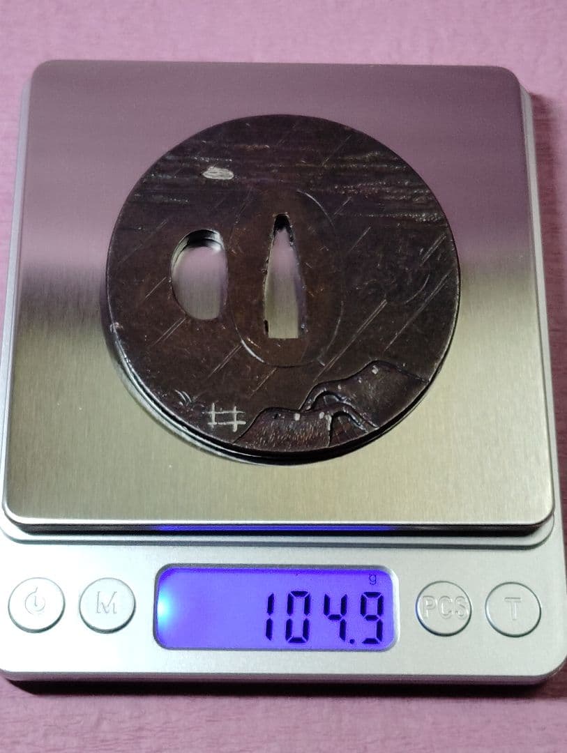 刀装具 鐔 鍔 無銘 銅地 象嵌 風景図 丸形鐔 時代物