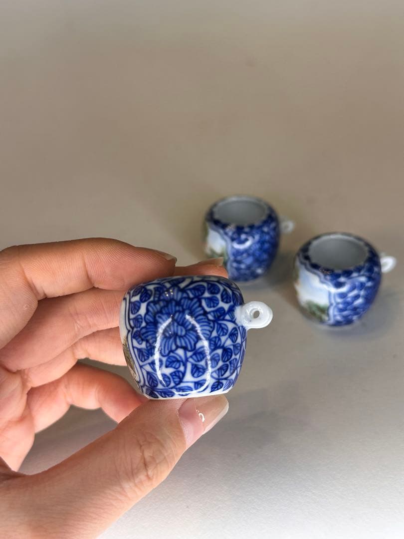 染付 色絵 鳥用 食器 小杯 三点 鳥餌入れ 古美術