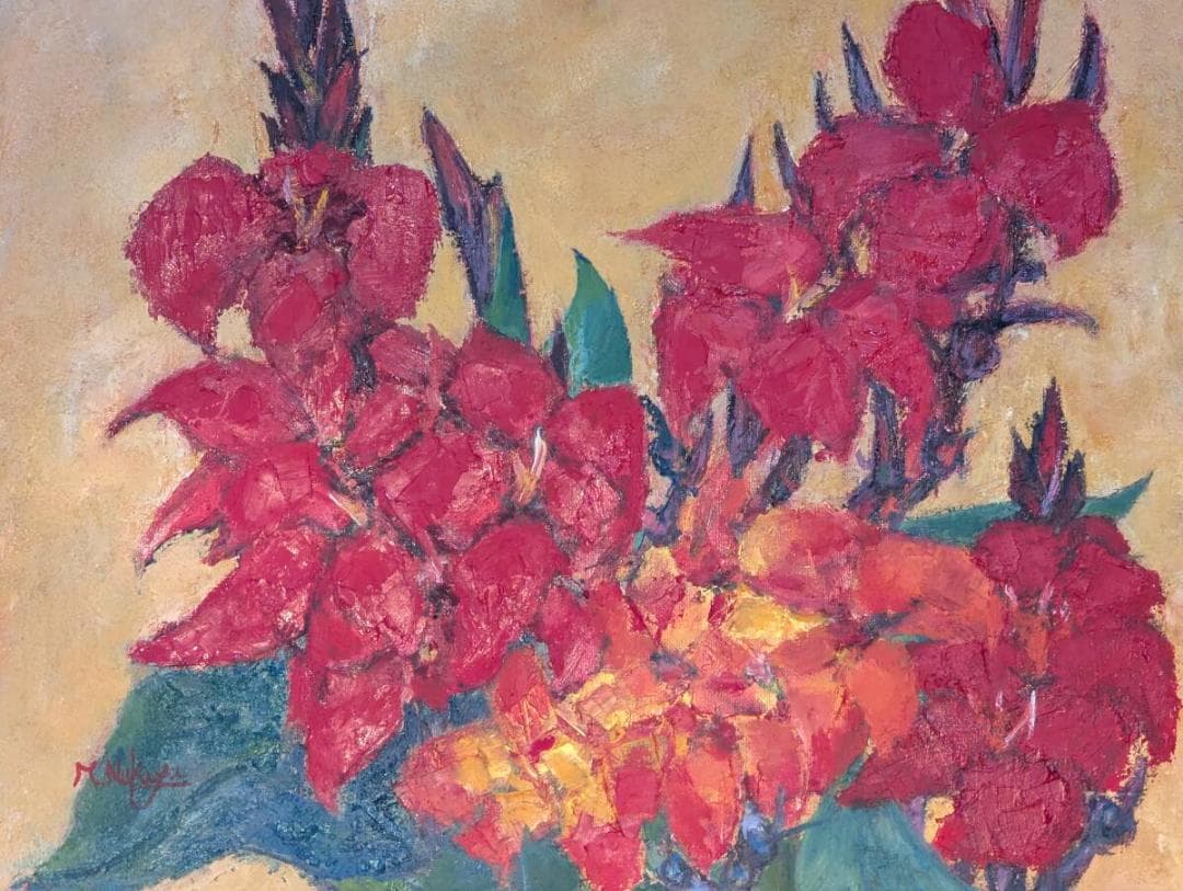 【真作】絵画　中矢眞人　油彩8号　カンナ　情熱の花叢　厚塗り　Z104