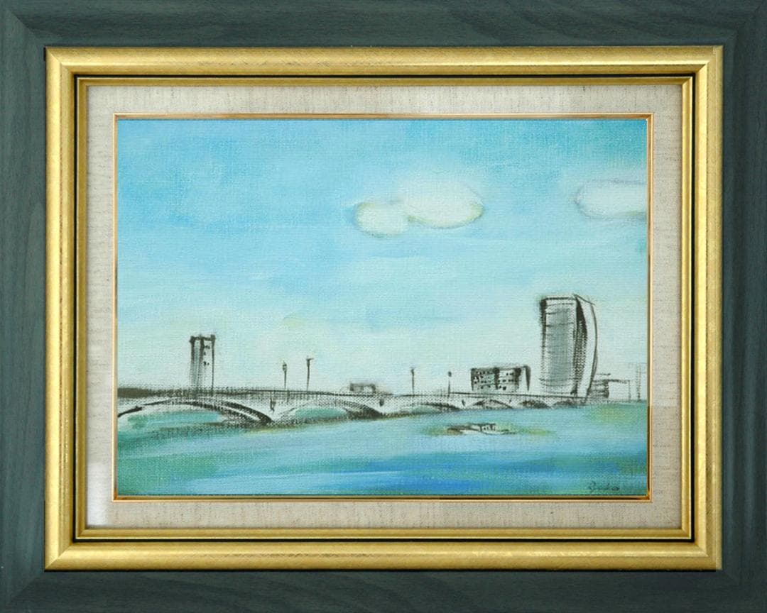 油絵 菅家令子 絵 絵画インテリア額付(銀) F4-090114 風景万代橋新潟