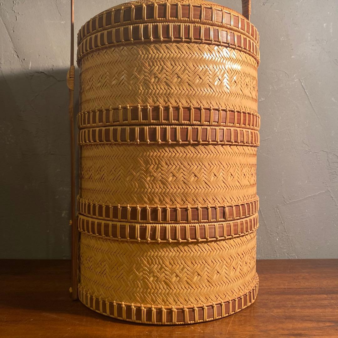 時代物 竹製 三段弁当箱 ランチボックス 手編み 美品 稀少 ピクニック