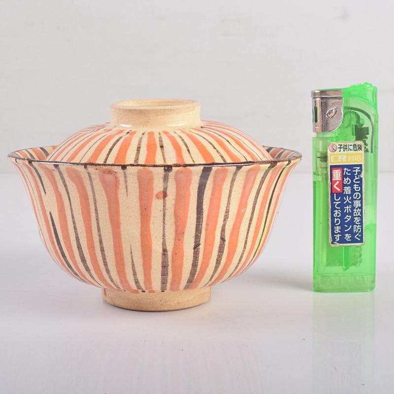 瀬戸焼　古瀬戸　加藤作助作　麦藁手　飯茶碗　蓋碗　十客　共箱　F　R8861B