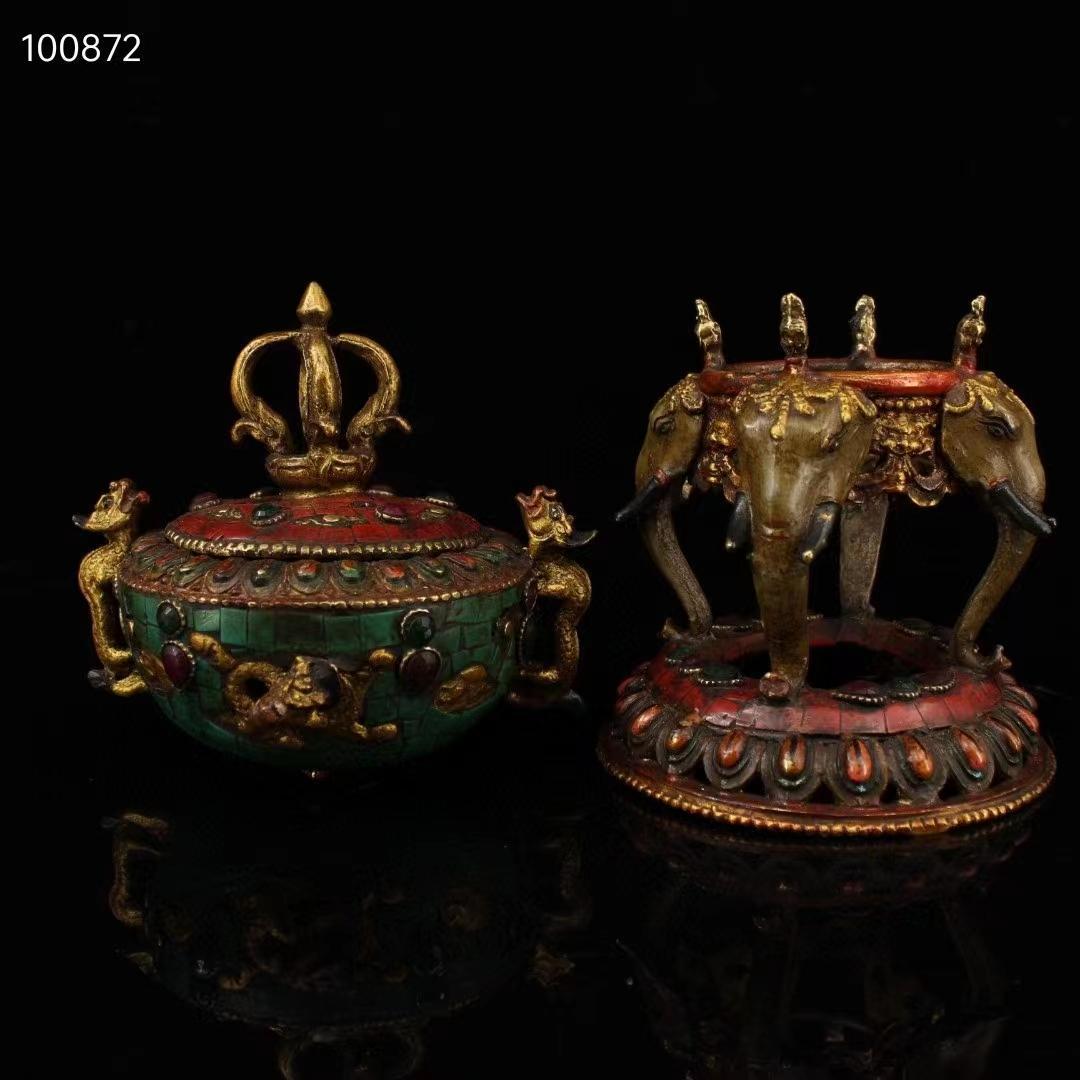 中国古美術・老純銅製・純手作り・鎏金高浮彫香炉・镶嵌宝石 ・熏香炉・置物・文房具