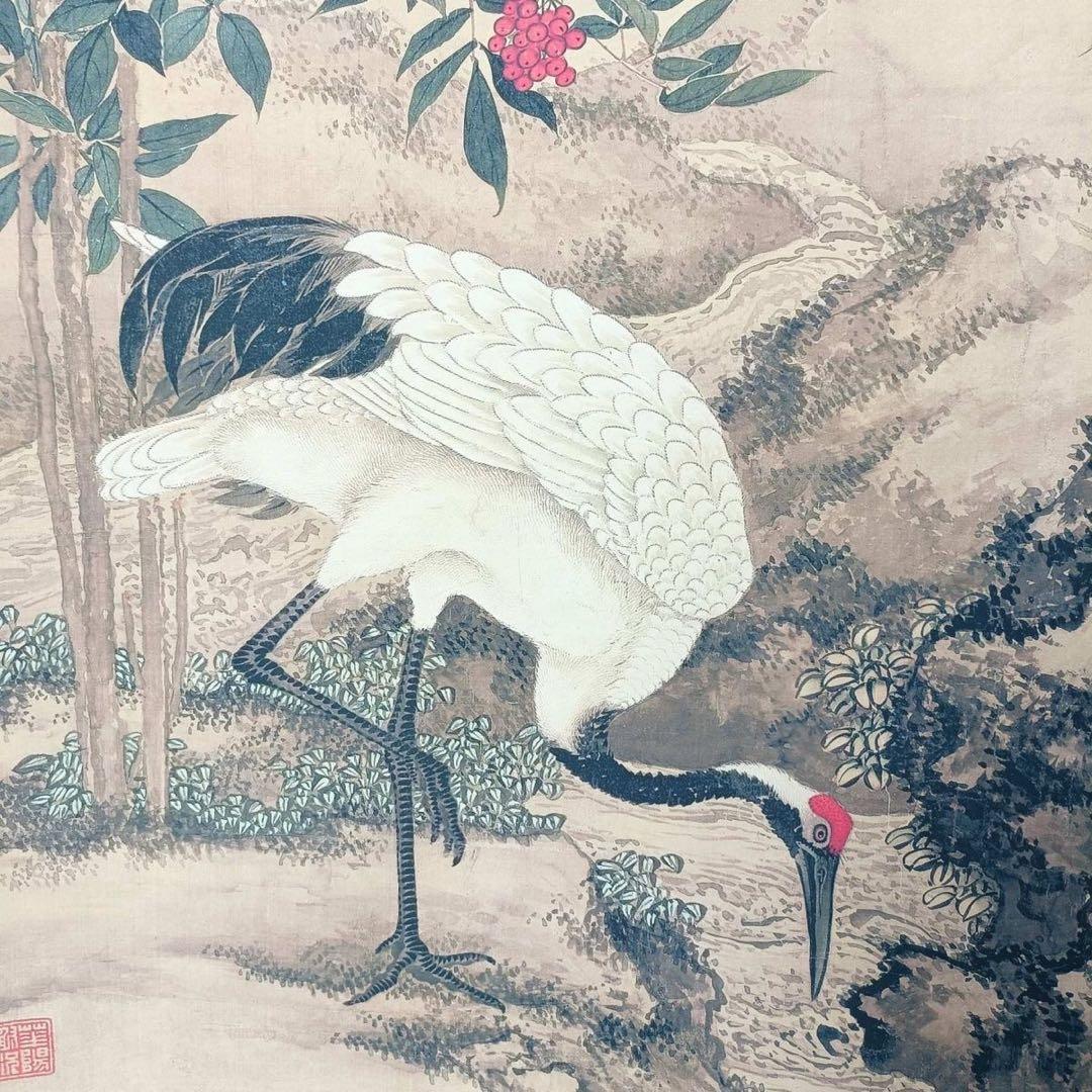 沈铨《松梅双鹤図》三尺中堂挂軸　証書付・防偽標識付　70×173cm