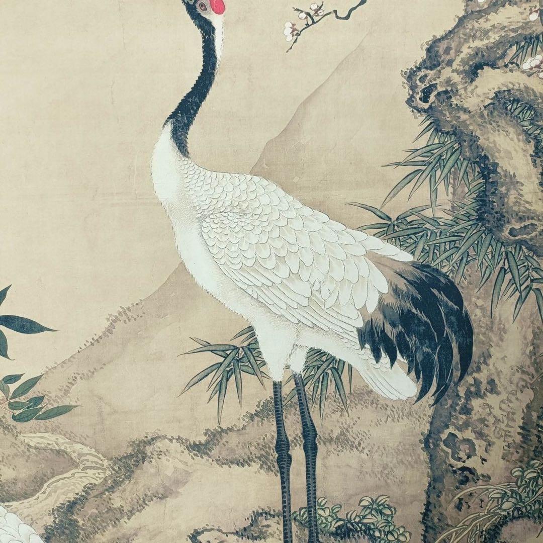 沈铨《松梅双鹤図》三尺中堂挂軸　証書付・防偽標識付　70×173cm