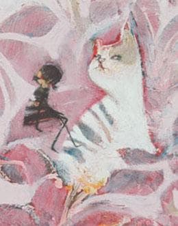 油絵菅家令子絵 絵画インテリア額付(青緑＋金色の枠)uF6-070519猫女の子