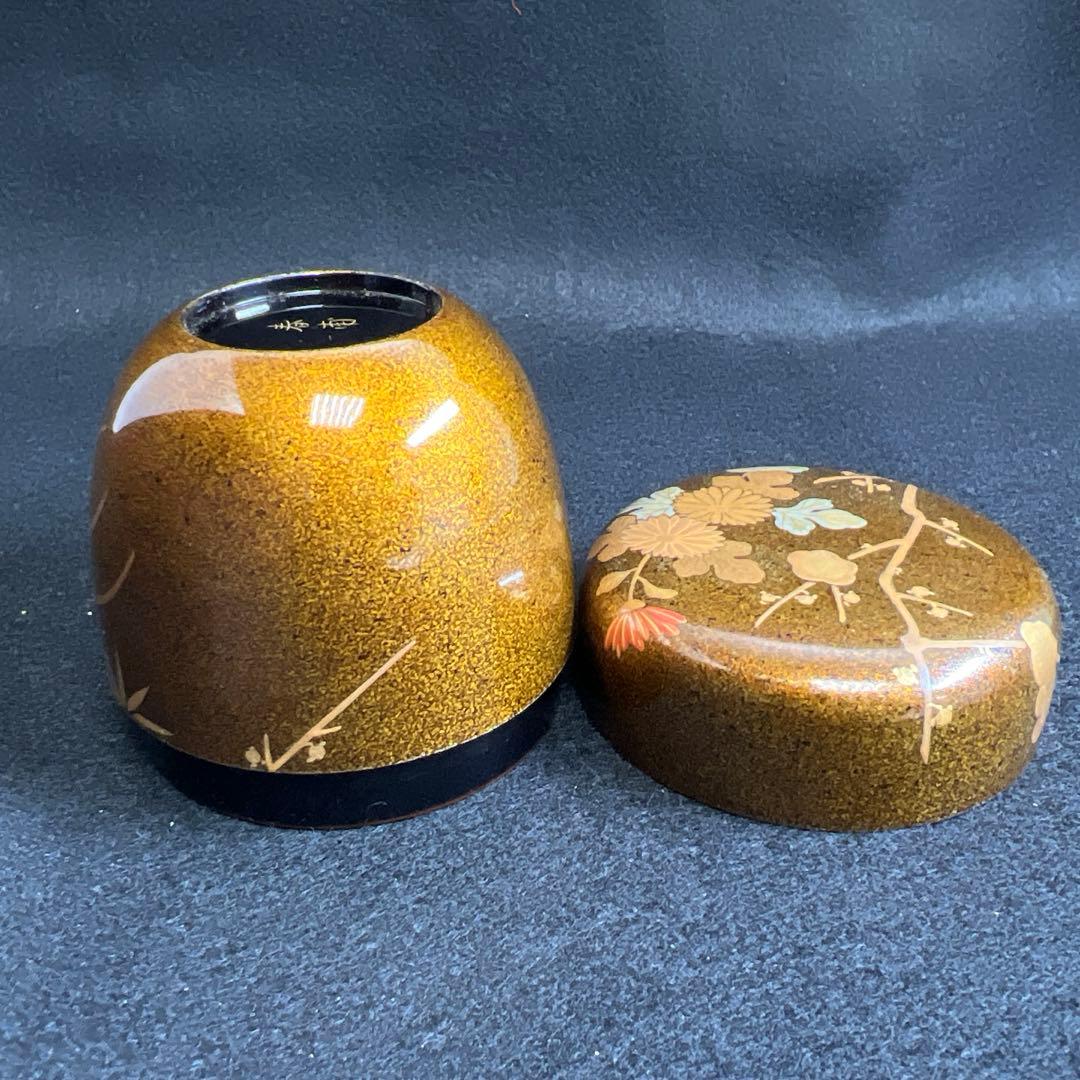 輪島塗　山下春甫造　梨地四君子蒔絵中棗　共箱　高さ約7㎝　東Y8-0106☆2F