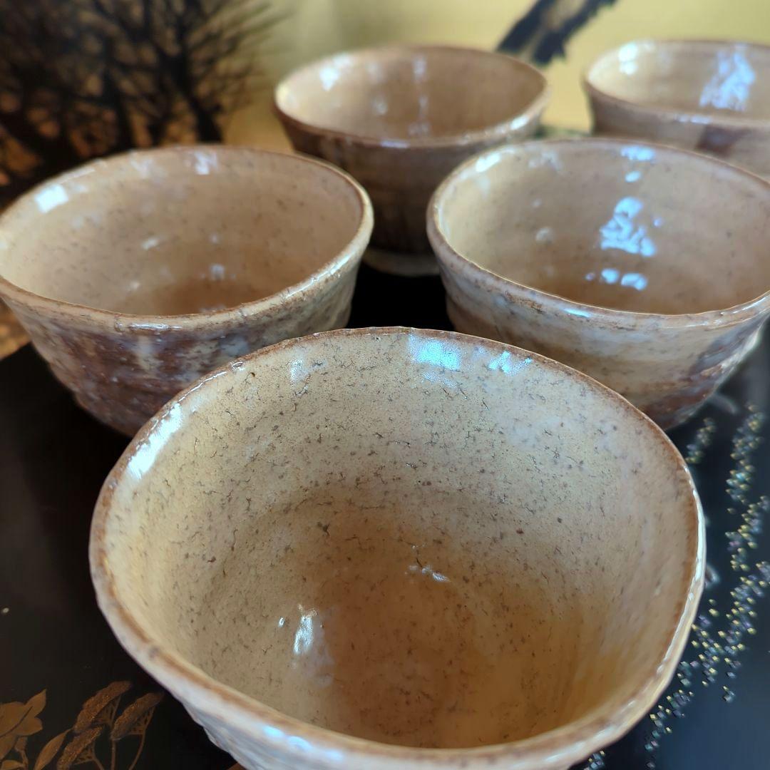 陶芸　茶道具　萩焼　名工　波多野善蔵　割高台汲出碗揃（湯呑み）五客【共箱栞付】