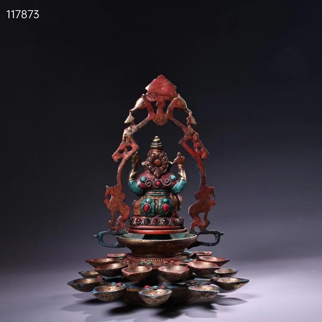 中国古美術・旧蔵象の鼻の富貴神の蓮の花油灯・純銅・蔵伝工芸・宝石彩絵描金・木箱付