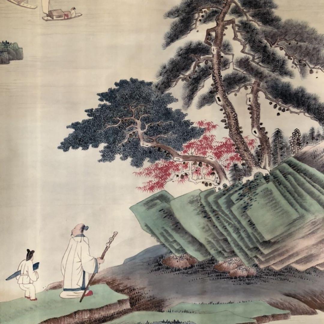掛け軸 三尺中堂 張大千 信山川図 中国画 山水画 水墨 風景画 人物画