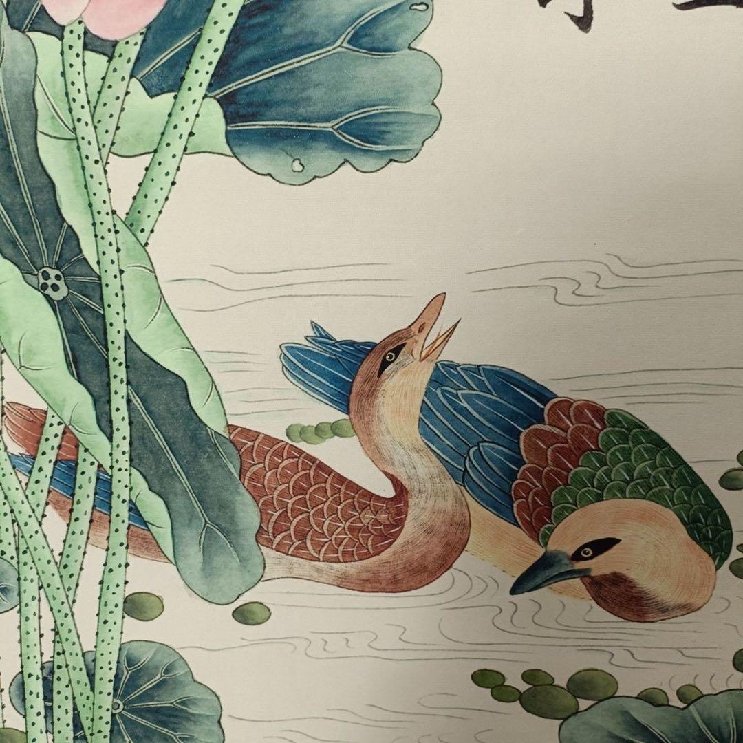 三尺中堂 中国伝統 花鳥画 荷花双鴛 掛け軸 宋代宮廷
