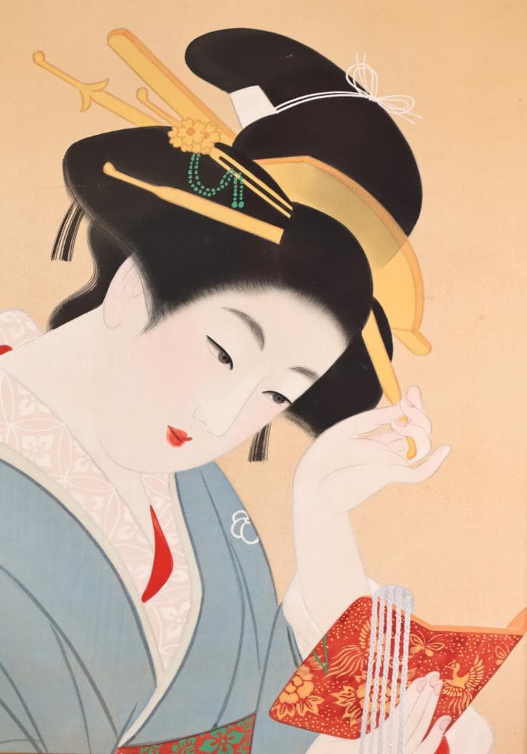 伊東深水　『 手鏡 』 共シール　額装　日本画　美人画　8号　【模写】BJ213
