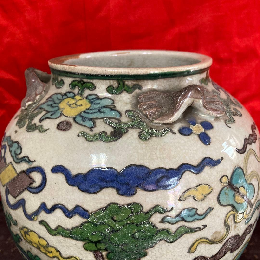 中国　色絵　三耳壺　鳳凰図
